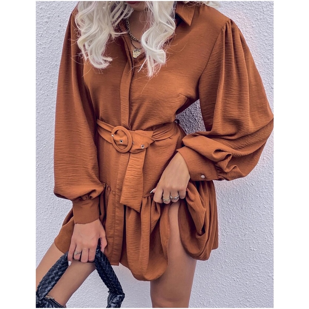 Boho Rust Button up Belted Dress - Picture 2 of 3